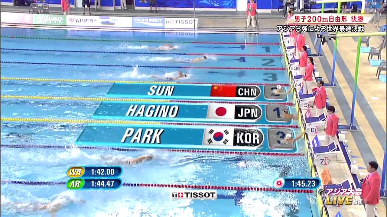アジア大会水泳 男子200 Ｍ自由形 萩野公介　金 - YouTube
