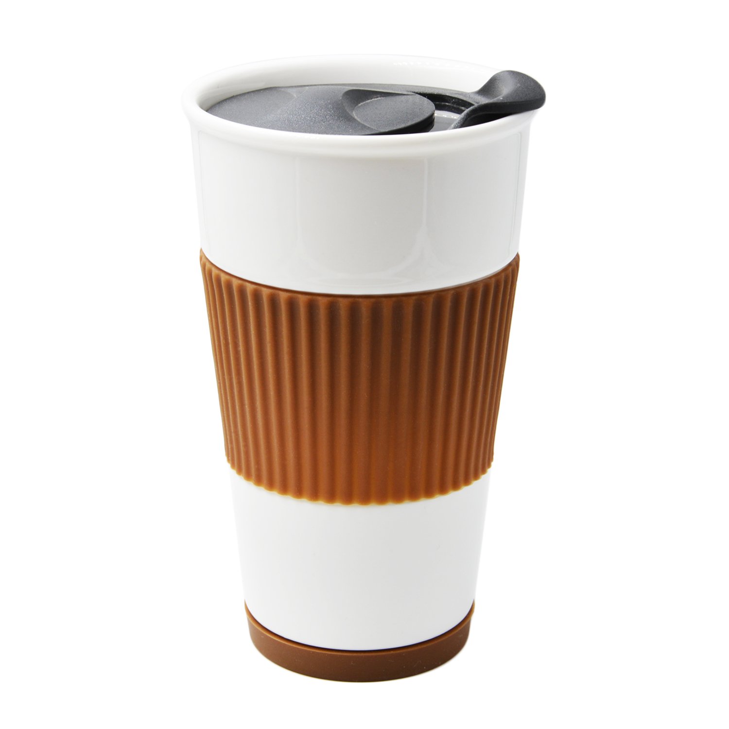 5位：UDMG 二重構造断熱コーヒーカップ セラミックタンブラー 300ml 蓋つき コースター付き (ブラウン)