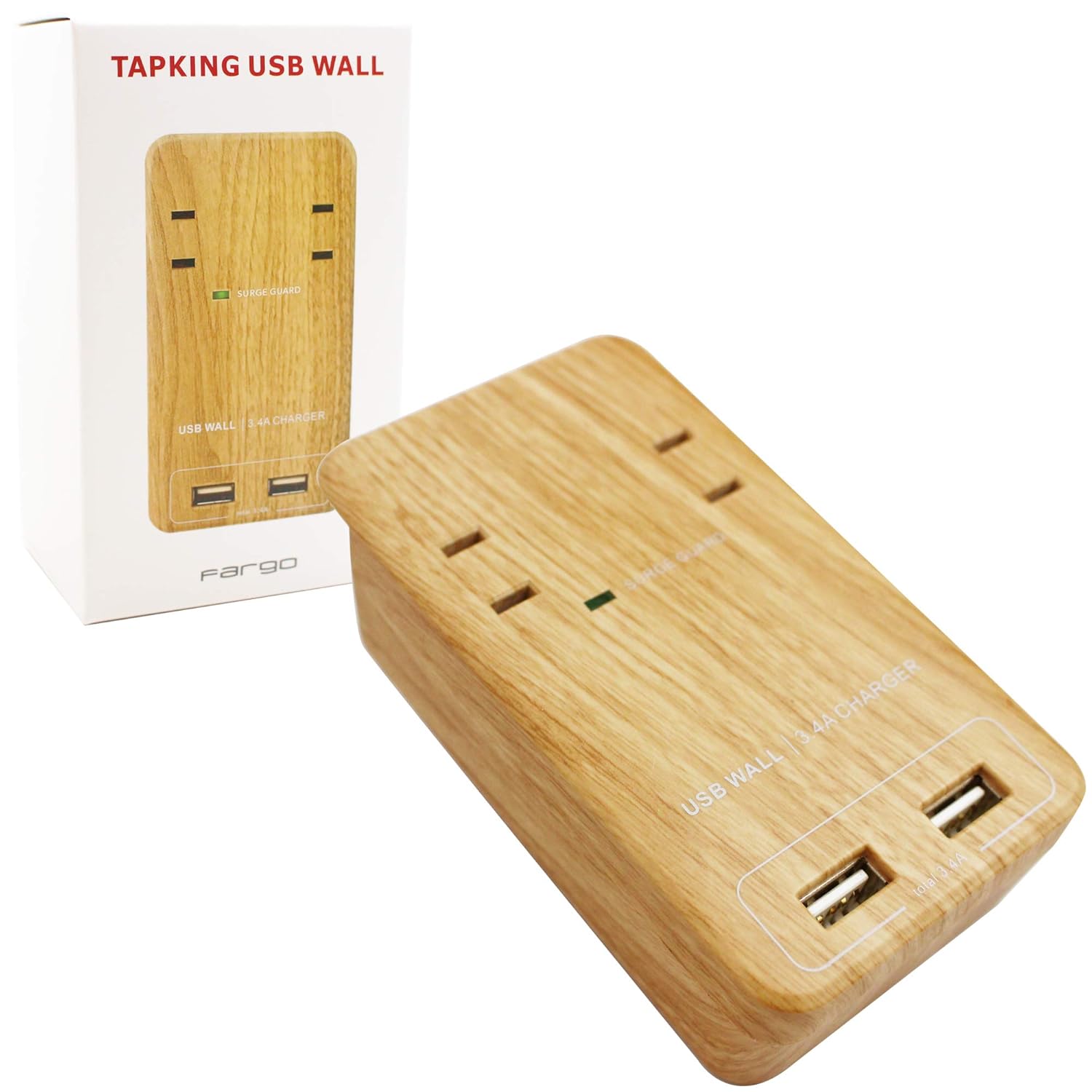 4位：Fargo インテリア おしゃれ 壁さしタイプ 電源タップ TAPKING USB WALL 雷サージガード ベージュウッド AC2個口 USB2ポート