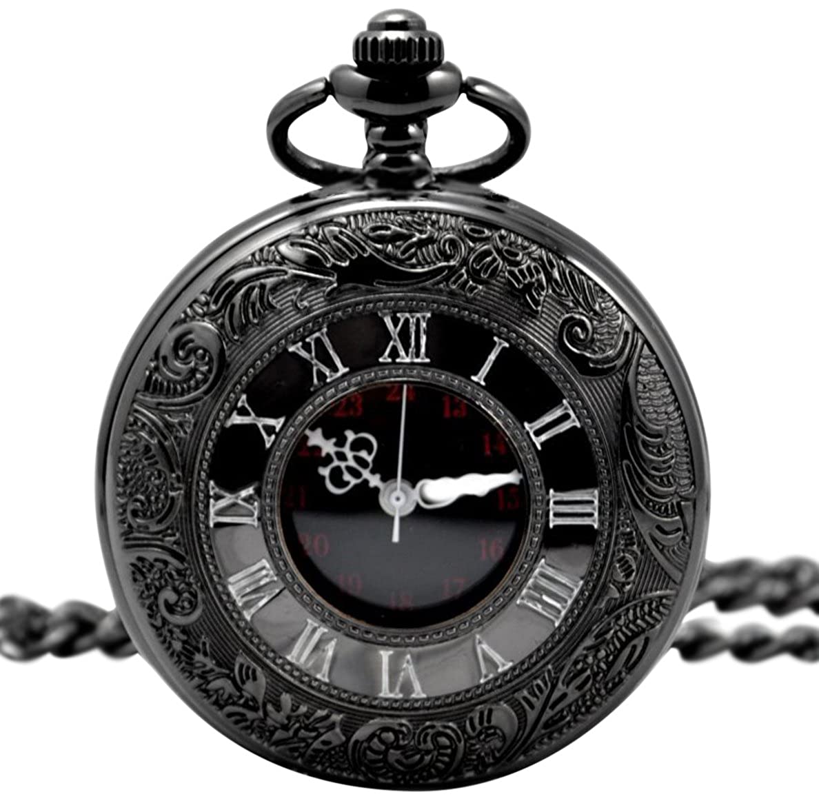 18位：【黒の懐中時計】 アンティーク 懐中時計 【収納ポーチ + 専用箱 付き】レトロ ブラック クローム