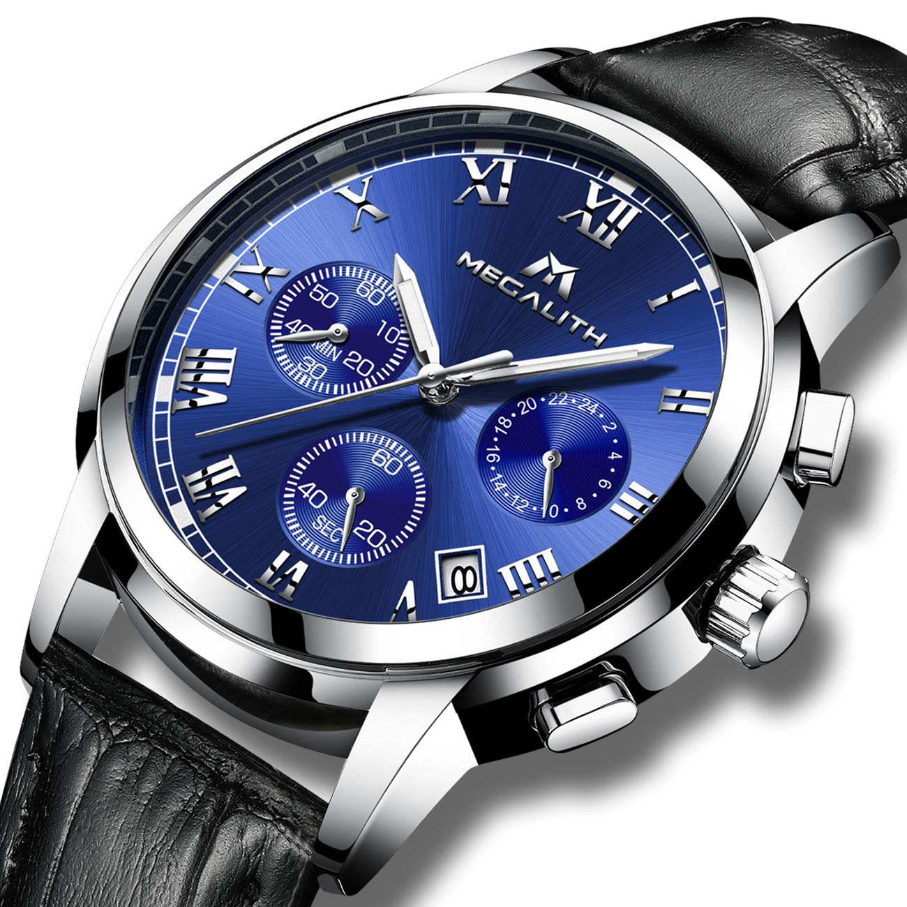 21位：[メガリス]MEGALITH腕時計 メンズ時計レザー防水 クロノグラフ腕時計 多針アナログクオーツウオッチ ルミナス夜光 日付表示 ラグジュアリー おしゃれ ビジネス カジュアル メタル男性腕時計 ブルー