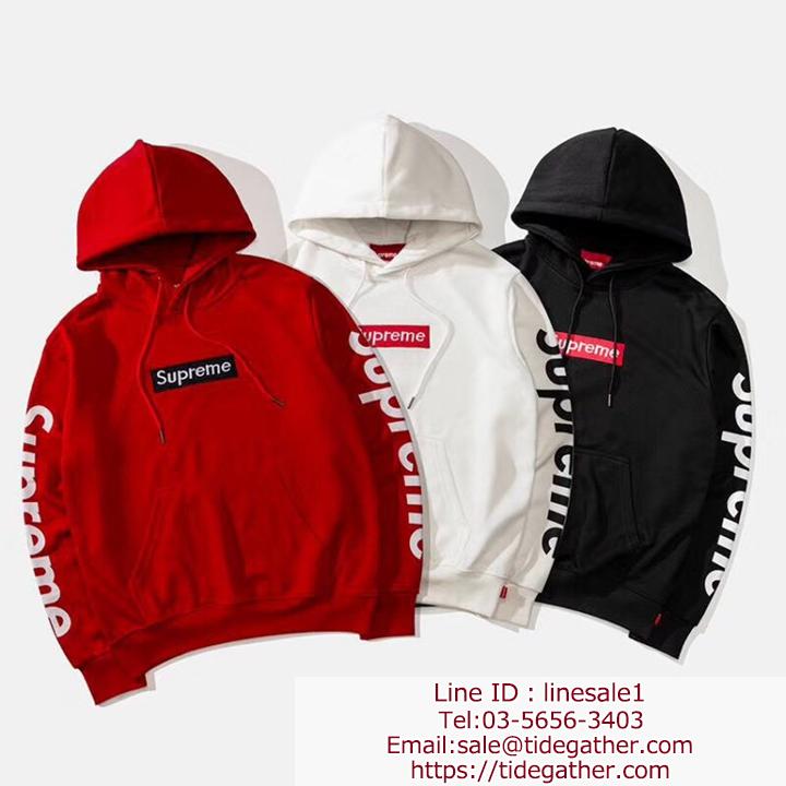 Supreme パーカー フード付き 秋冬新作 シュプリーム プルオーバー ペア向け スウェット コットン ブランド品 赤 白 黒 三色 レディース メンズ 品質保証