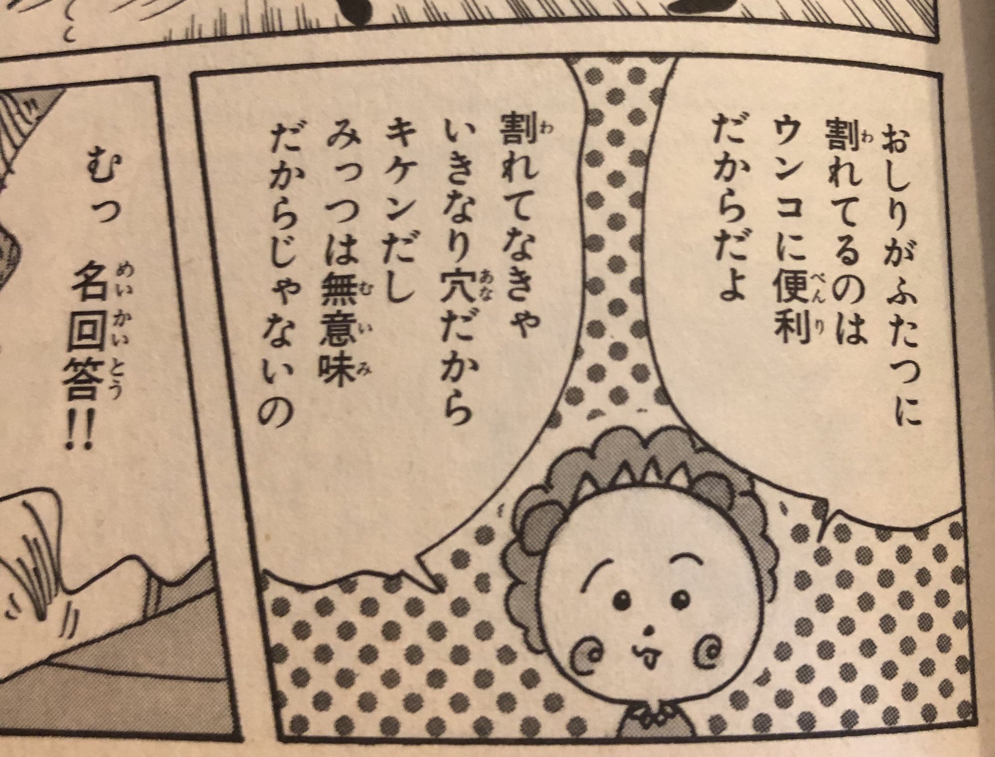 8位：おしりがふたつに割れてるのはウンコに便利だからだよ。割れてなきゃいきなり穴だからキケンだし、みっつは無意味だからじゃないの