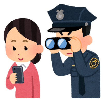 28位：一般市民の携帯電話を覗く警察官のイラスト